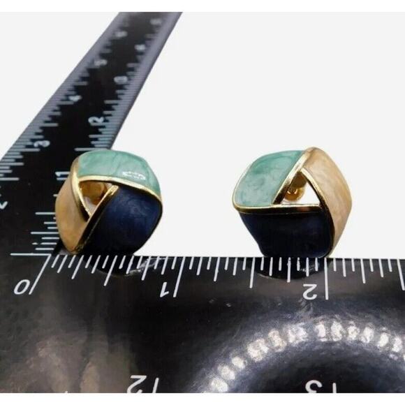 Pierced Earrings Retro Teal Green Blue Beige Enamel Geometric Gold Tone SKU 2224 - Picture 6 of 8